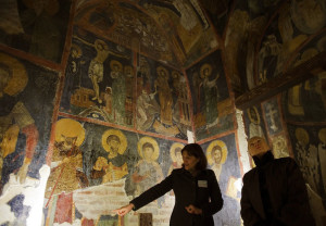 US Secretary of State Hillary Clinton (R) tours on February 5, 2012 the Boyana Church, a UNESCO World Heritage site, with guide Snezhana Parvanova in Sofia. AFP PHOTO /Jim WATSON (Photo credit should read JIM WATSON/AFP/Getty Images)
