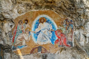 OSTROG, MONTENEGRO - JUNE 21, 2017: Mosaics in Ostrog monastery, Montenegro. Ostrog monastery is the most popular pilgrimage place in Montenegro.